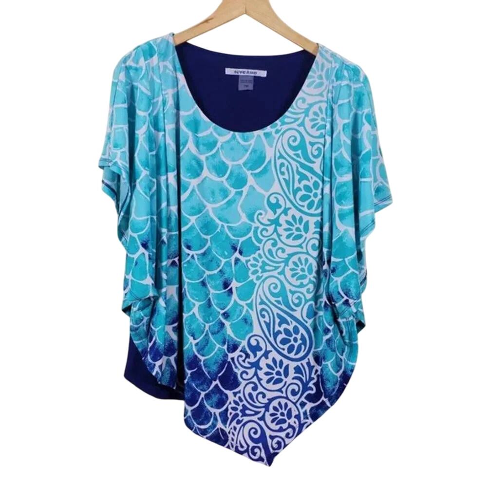 Peter Nygard Asymmetrical Tunic Top Womens Size M Blue White Nautical Print
